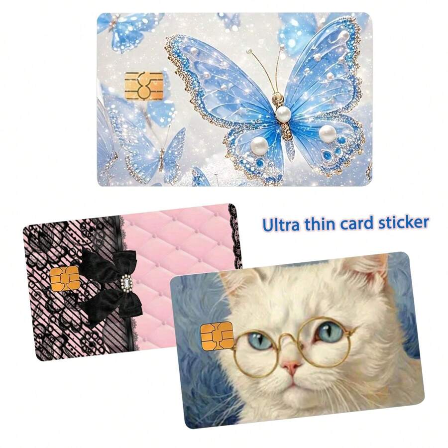 4 件装交通卡贴纸，闪亮 PVC 信用卡和借记卡贴，带四种蝴蝶图案，防水卡通风格保护膜，时尚保护，适用于交通卡贴纸