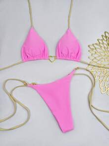 2024 欧美性感心形撞色系带尼龙面料女士比基尼沙滩度假温泉泳装 - 粉色 - 查看 2