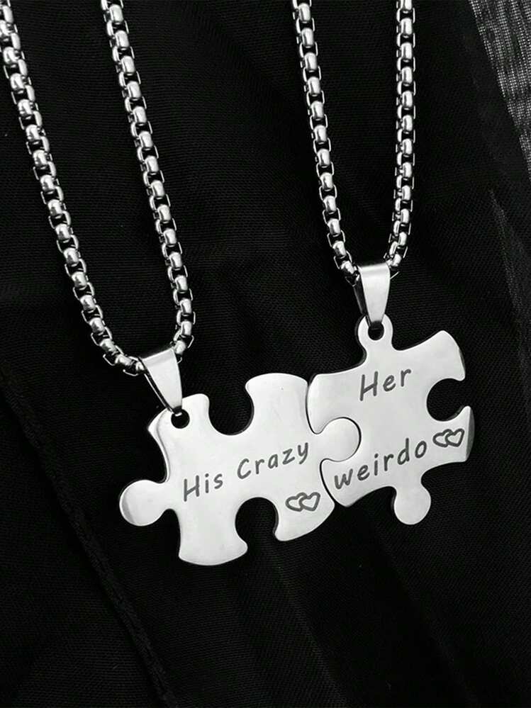 2pcs Stainless Steel Creative Geometric Puzzle Pendant Necklaces For Couples, "Her Weirdo, His Crazy" Letter Design Jewelry Sets, Gift For Christmas, New Year, Valentine's Day,Mom,Mother,Mother's Day,Gift - Multicolor - View 1