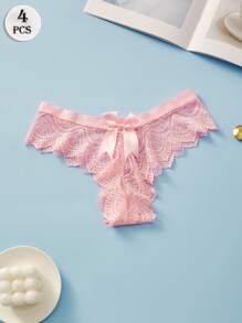 4PCS Sexy Lace Thongs Bow Women's Underwear Transparent Elastic G-String Solid Color Casual Panties For Women Soft And Light T-Back Black Pink White Lingerie Low Waist Tangas Fashionable Briefs - Multicolor - View 9