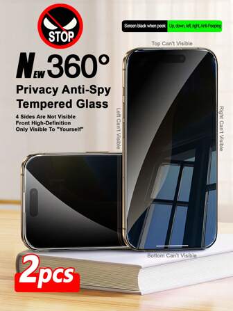 ZYONS 2 件 360° 隐私四面保护钢化玻璃 360 度隐私屏幕保护膜，防偷窥、防窥视、防指纹，上下左右看不见/看不见保护膜，兼容 17 Pro Max/17 Air/16E/16 Pro Max/16 Pro/16 Plus/16/15 Pro Max/14 Pro Max/13/12/11/XS MAX/XR Plus 系列，生日、家人、朋友礼物