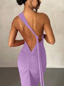 Women's Elegant Solid Color One Shoulder Backless Fishtail Dress Party Summer - Violet Purple - View 3