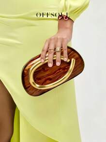 复古金属装饰手提包盒式包，新娘婚礼派对手拿包，女士链条单肩斜挎包 - 咖啡 - 查看 2