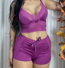 Women's Babydoll With Lace Details In Nightwear Short Pajamas - Màu tím - Xem 5