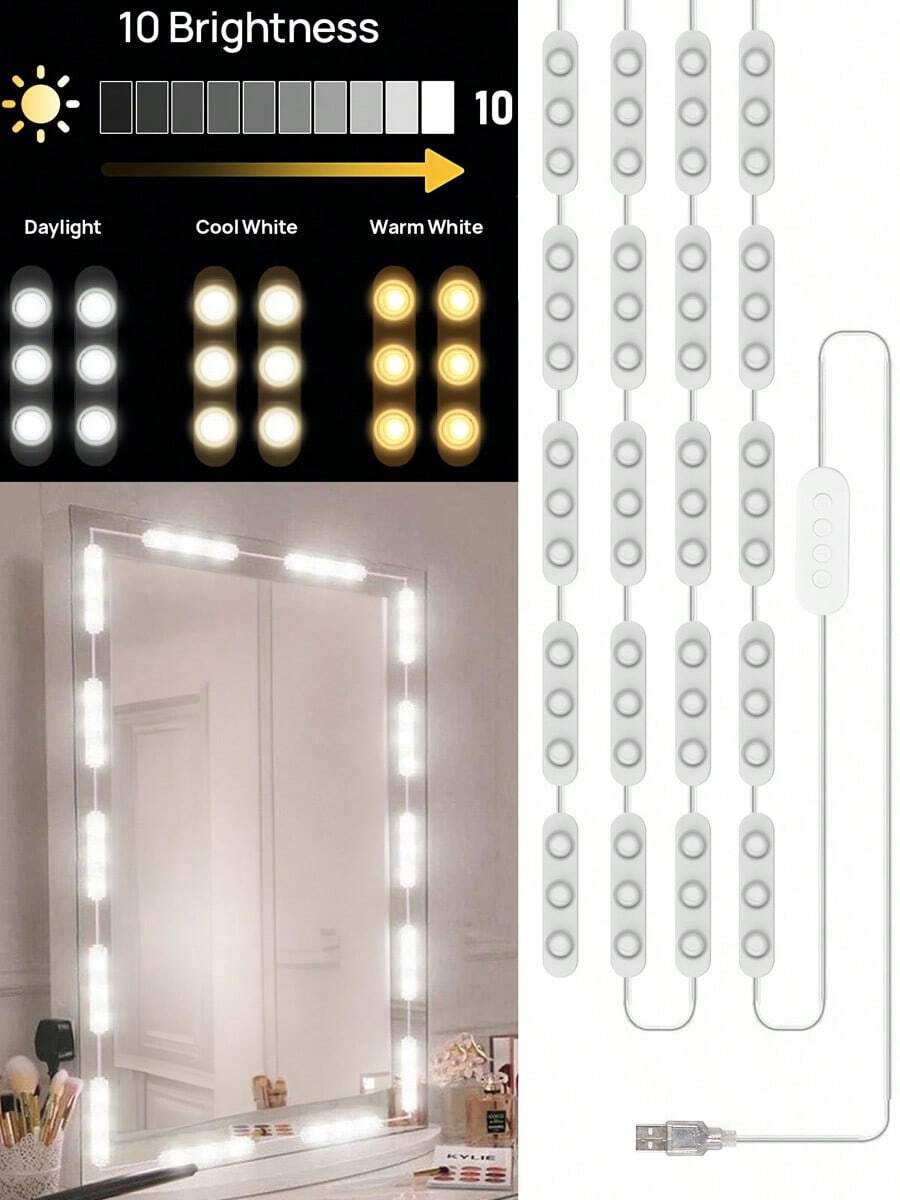 Professional Makeup Mirror LED Light Bulbs Vanity Lights USB 5V Adjustable Brightness And Colour Temperature 3-Tone Bathroom Dressing Table Lighting 60 LED Vanity Lights