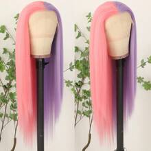 Gorgeous Pink Blonde Hair Synthetic Lace Front Wigs 26 Inch Pre Plucked Long Straight Hair Wigs Glueless Halloween Wigs Heat Resistant Natural Half Pink Half Blonde Straight Lace Front Wigs For Women For Daily Christmas Party Cosplay Use - Hồng Tím - Xem 5