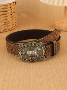 1pc Unisex Retro Western Cowboy Animal Buckle Embossed PU Leather Belt, Fashionable All-Match Suitable For Jeans, Skirts And Year-Round Wear