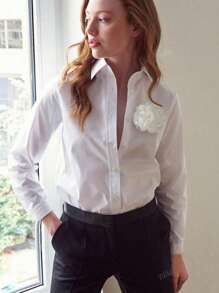 QIANZHIDU Women' Floral Decoration Long Sleeved Single Breasted Casual Elegant Workplace Interview Office Shirt