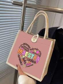 Maestra Rainbow Printed Tote Bag, Linen Tote Bag, Travel Bag Essential, Large Capacity Handbag, Letter Printed Shopping Bag, Women's Gift, Teacher's Day Gift, Suitable For School, University, Work, Business, Commuting, Outdoor, Travel, Holidays, Teachers' Day, Gifts For Teachers