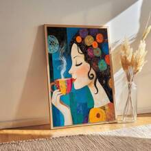 1 pieza, Pintura colgante de lienzo, Pintura decorativa enmarcada, Póster, Arte de pared, Pintura de lienzo abstracta de una chica del café, Estilo de arte decorativo moderno, Listo para colgar en la sala de estar, dormitorio, oficina en casa, decoración de aula