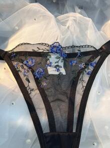 Christmas Lingerie Two-Piece Transparent Lingerie Blue Floral Embroidered Lingerie Sheer Mesh Underwire Bra Sexy Black And Blue Contrast Elegant And Alluring Look - 黑色 - 查看 5