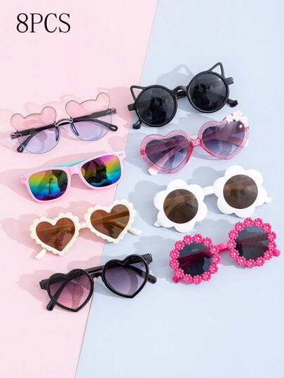 Set de 8 piezas/1 pieza de Gafas de moda con forma de osito para niños, perfectas para uso diario. Gafas de moda con formas de ositos y flores para niños, aptas para uso diario con estuche para gafas