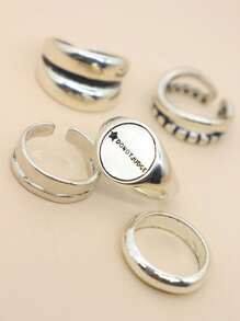 5pcs Do Not Judge Pentagram Minimalist Wide Band Ring Set For Women - Antique Silver - View 2