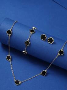 3 件套时尚百搭幸运五瓣花耳环、手链和项链套装 - 粉色 - 查看 1