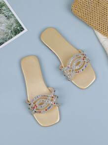 1 Pair Teens' Gold Color Crystal & Rhinestone Decorated Strap Slides, Soft Non-Slip Sole