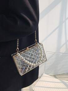 1 件全新亚克力手拿包，配人造珍珠，菱形透明链条手提包，优雅钱包和手机包，非常适合派对礼服、女士礼物，适合情人节、派对、婚礼