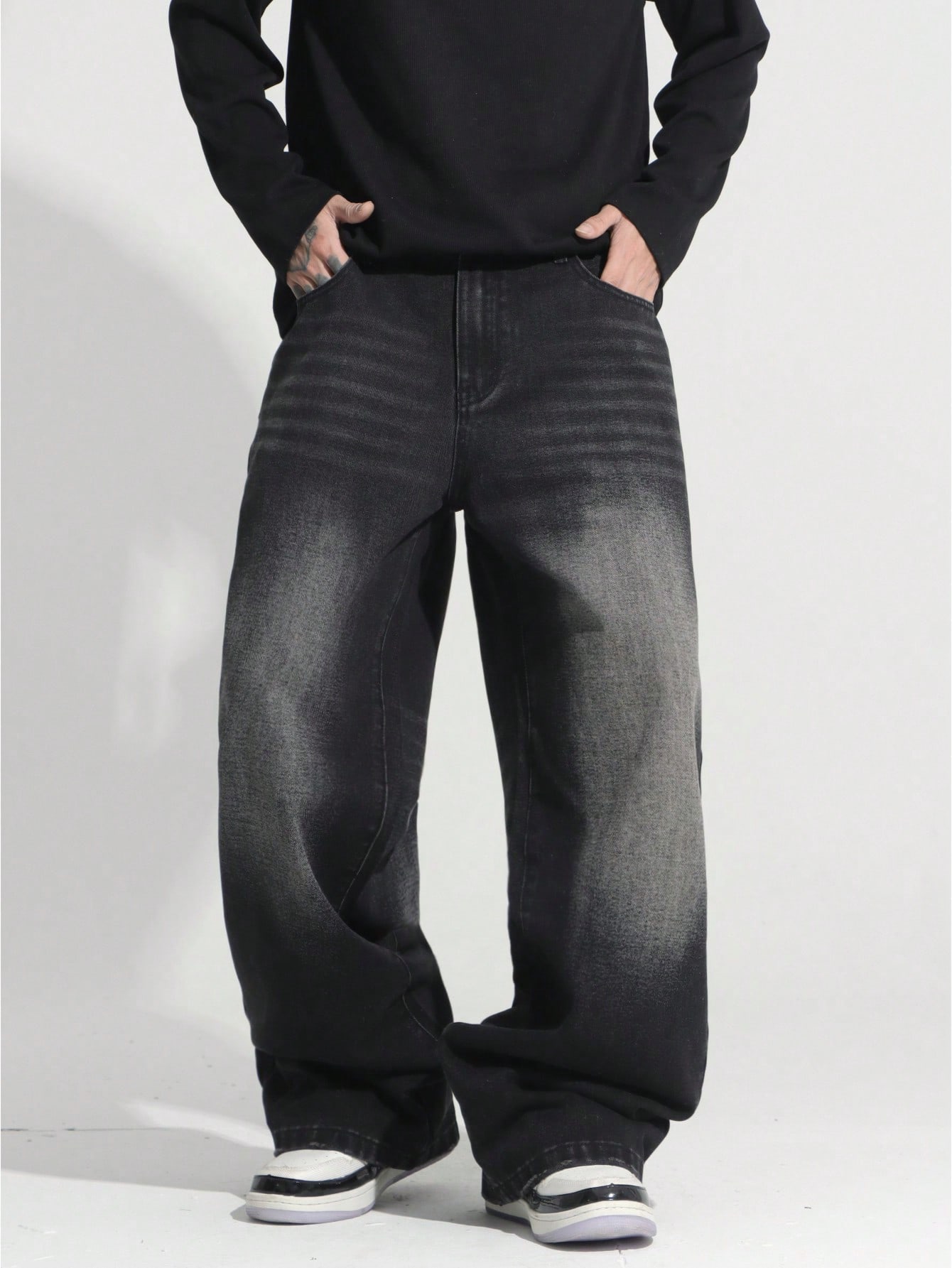 قطعة واحدة جينز واسع الساق أمريكي بغسل أنيق، ألبسة...