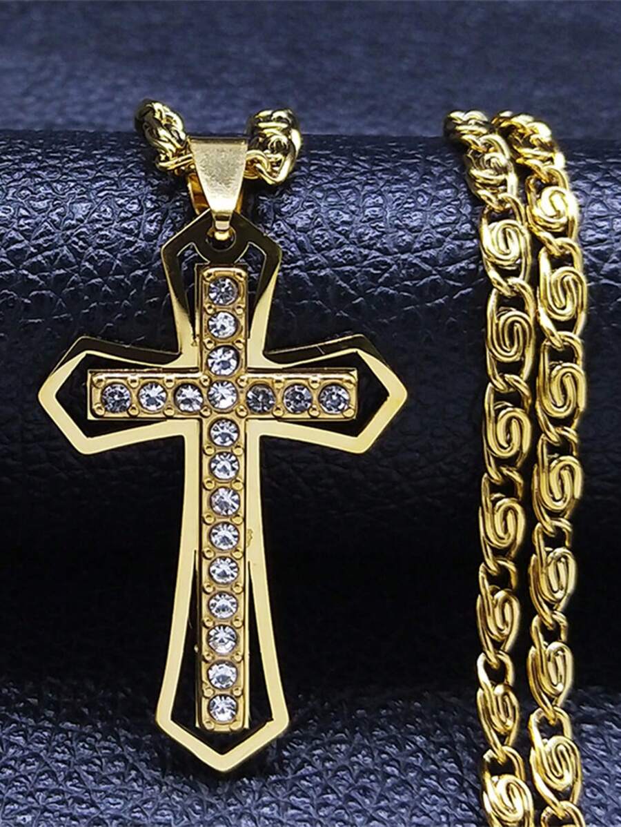 Christian Cross Crucifix Pendant Necklace Gold Color Stainless Steel Catholic Men Chain