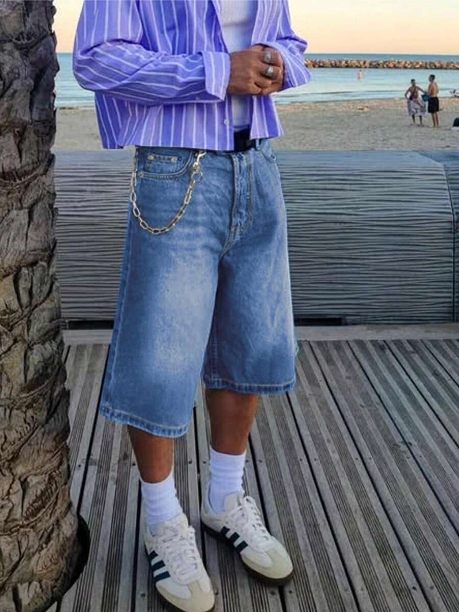 百慕大牛仔短裤，夏季宽松百搭休闲七分牛仔裤，时尚街头运动学院风，适合日常通勤、居家、休闲、户外活动、与朋友聚会 - 藍色 - 查看 1