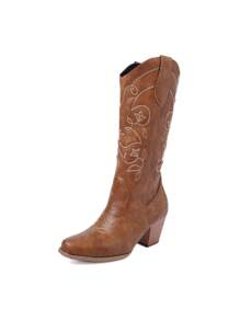 Women's Western Cowboy Boots, New Autumn/Winter Style, Pointed Toe, Embroidered, Chunky Heel, Mid-Calf, Fashion Western Boots
