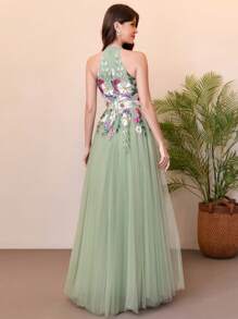 绿色名人礼服贴花派对礼服露背A字型精致及地舞会晚礼服，情人节 - 橄欖綠 - 查看 3