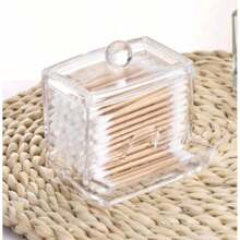 1 pieza Soporte acrílico para hisopos de limpieza con tapa de bambú, dispensador de hisopos de limpieza pequeños y transparentes, organizador de bastoncillos de plástico, recipiente para palillos, organizador decorativo para el mostrador del baño