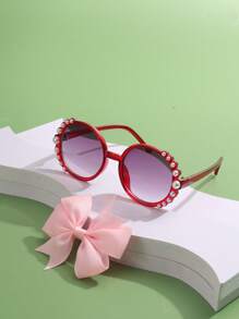 1 Set Kids' Pearl Oval Fashionable Glasses & 1 Pc Bow Hair Clip