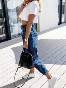 Jeans estilo mom fit con puño en el tobillo - Azul - Ver 5