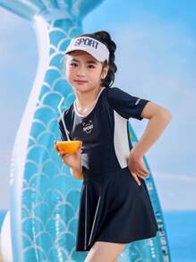 2-In-1 Girls Sports Romper With Letter Print, Solid Color Placement Print Short Sleeve, Brief Lining,Elastic, Breathable, Slimming Design, Suitable For Spring/Summer, Beach, Party, Swimming, Surfing, And Sun Protection