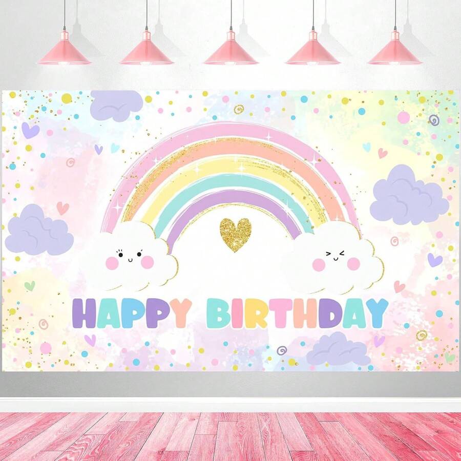 1pc Rainbow Birthday Backdrop, Rainbow Cloud Happy Birthday Party Decoration Banner, Perfect For Birthday Party, Shower, Photo Booth Photography Props Decoration, Rainbow Theme Party Backdrop - Multicolor - View 1
