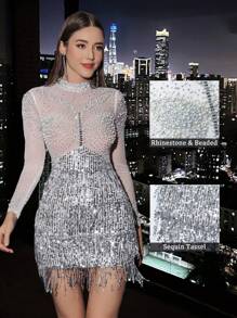 NIKBK Đầm dài màu trắng đính sequin, pha lê, ngọc trai và lưới dành cho nữ, cổ cao, tay dài, tua rua ở gấu, thích hợp cho tiệc mùa xuân, dạ hội, ngày lễ tình nhân hoặc đám cưới. - trắng - Xem 4