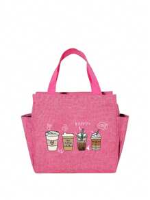 4-Cup Coffee Pattern Insulated Lunch Bag With Black Utensil Pouch, Double Pocket Lunch Box, Large Capacity, Student Meal Thermal Cooler Bag, Portable Travel Picnic Bag, Office School Lunch Box, Work Lunch Box, Work Office Holiday Lunch Box, Unisex Multipurpose Camping School Lunch Box (4 Color Options) - Multicolor - View 18