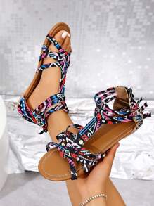 Girl's Student Back Zipper Flat Sandals, New Summer Korean Fairy Style Versatile Soft Bottom Roman Sandals