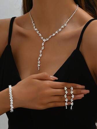 4 件套优雅珠宝套装、项链、耳环、手链、V 形印花、圣诞节正式派对新娘婚礼配饰