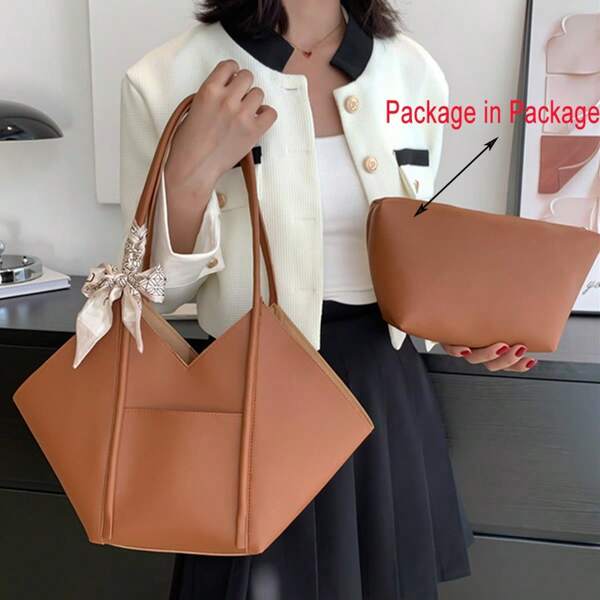 2 Pieces Set: 1 Tote Bag & 1 Plain Scarf, Shoulder Handbag, Large Capacity, Vintage Style, Simple & Versatile