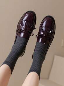 Women's Solid Color Bow & Tassel Bow Slip-On Loafers, Breathable Flat Shoes - Burgundy - View 2
