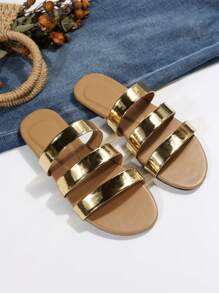 青少年休闲平底一脚蹬镂空金色条纹平底凉鞋，罗马风格，适合海滩、度假和波西米亚风 - 金色 - 查看 5
