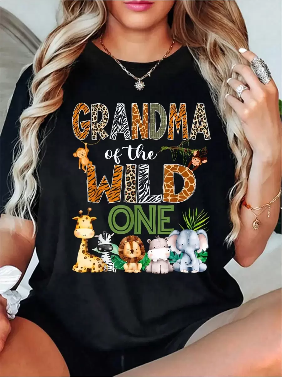 Grandma Of The Wild One 1St Birthday  Zoo Jungle T-ShirtWomen's Casual Short Sleeve Crew Neck T-Shirt For Spring & Summer - 黑色 - 查看 1