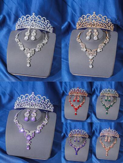 4pcs Elegant & Luxury Rhinestone Queen Crystal Crown Necklace Earrings Hair Accessories Set, Bridal Wedding Headpiece, Women Princess Ball Party Tiara