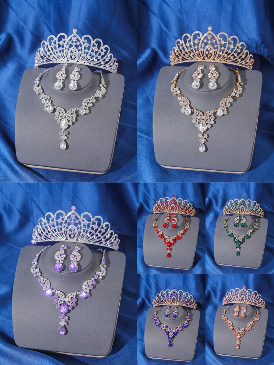 4 件优雅奢华水钻女王水晶皇冠项链耳环发饰套装，新娘婚礼头饰，女士公主舞会派对头饰