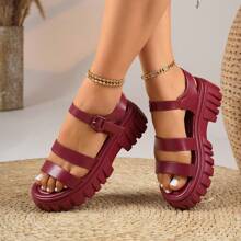 Women's New Round Toe Sandals With Thick Soft Sole, Soft Leather Comfortable Non-Slip Casual Versatile Open Toe, Plus Size 43 Roman Style Sandals - Red Violet - View 5