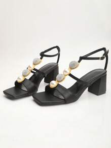 Women's Fashion Luxurious Pearl Rhinestone Rivet Ankle Strap Square Toe Chunky High Heel Sandals
