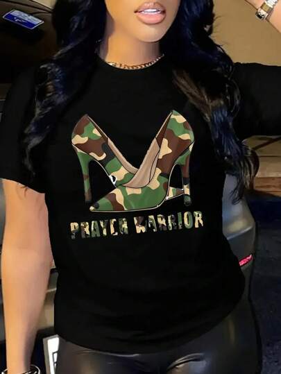 Camiseta casual de mujer de cuello redondo y manga corta de talla grande