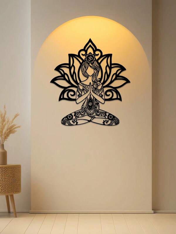 Namaste para Lotus Girl Metal Wall Art - Decoração de ferro inspirada no Zen com símbolo sânscrito, ornamento elegante para pendurar em ambientes internos/externos para casa, pátio, sacada - presente perfeito para inauguração de casa