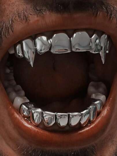 THATBOY Set da 2 pezzi Gioielli alla moda hip hop per denti grillz stile vampiro, di colore dorato 18k e argentato, bracciali per denti a forma di zanne di lupo vampiro