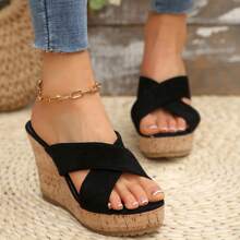 Sandales compensées d'été pour femmes, talons hauts plateformes, tongs anti-dérapantes avec texture de grain de bois