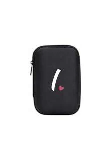 A-Z Letter & Heart Pattern Mini Portable Storage Pouch, Waterproof & Shockproof Digital Organizer Bag, Initial Monogram Phone Charger Cable Holder, Zipper Pouch For Wallet, Data Cable, Electronic Accessories, Suitable For Business, Travel, School, University, Office - Black - View 24