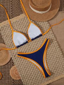 Bikini dây buộc màu tương phản gợi cảm cho kỳ nghỉ bãi biển mùa xuân hè của phụ nữ - Màu xanh hải quân - Xem 6