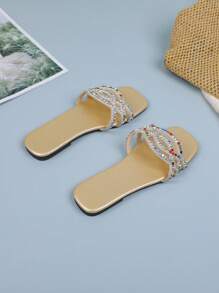 1 Pair Teens' Gold Color Crystal & Rhinestone Decorated Strap Slides, Soft Non-Slip Sole