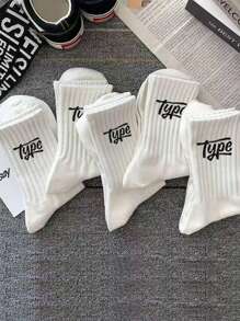 1/3/5/6 Pairs Men Autumn/Winter Maillard Color Letter Striped Versatile Crew Socks - Multicolor - View 11